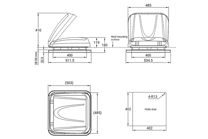 ProPlus 610905V01 camper roof window roof vent with LED lighting 400x400mm